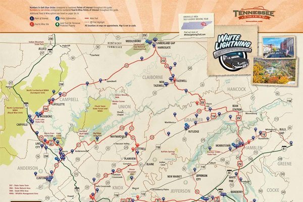 A map of the White Lightning Trail in Tennessee.